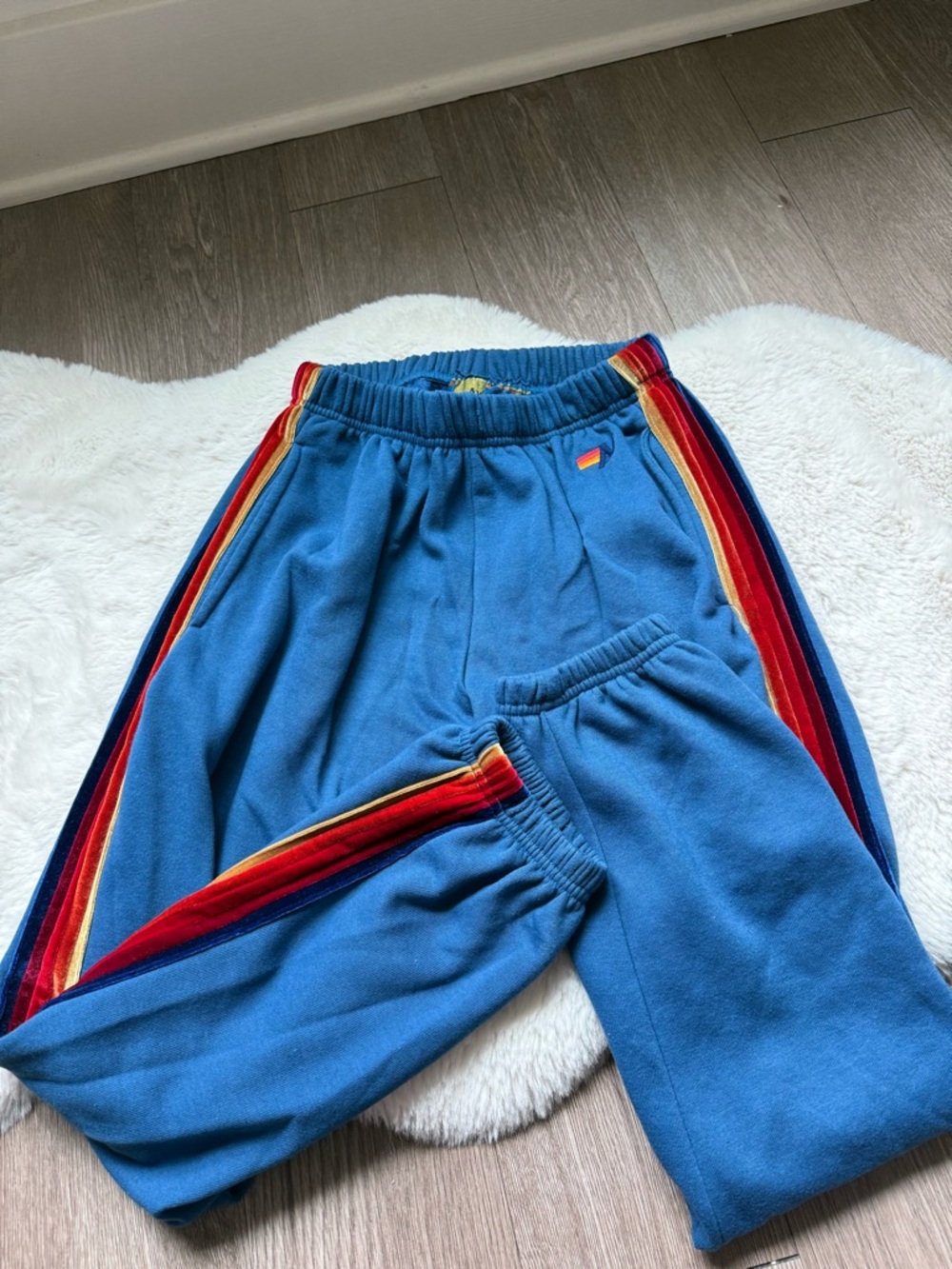 Aviator Nation Velvet Track Pants with Rainbow Side Stripes women’s medium